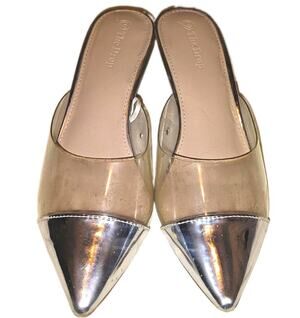 The Drop Clear/Silver Metallic Pointed Toe Kitten Heel Mules Slip On 7.5 Clear